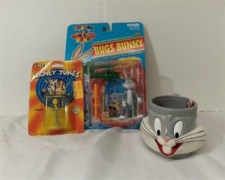 Lot of 3 Looney Tunes Items - KFC Collectible Bugs Bunny Mug, Bugs Bunny Action Figure and Tweety Bird Action Figure