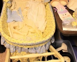 Vintage baby dolls, baby bassinet
