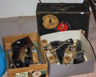 Vintage roller and ice skates, roller skate carrying case