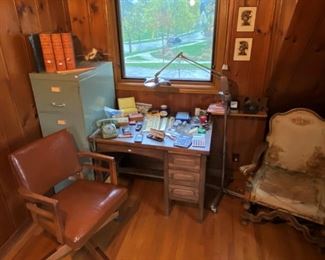 Antique office supplies, wood desk, swivel desk chair, metal file cabinet, Dazor engineers magnifying floor lamp 
