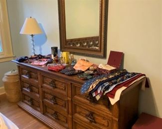 Large low boy dresser, scarves, antique mirror