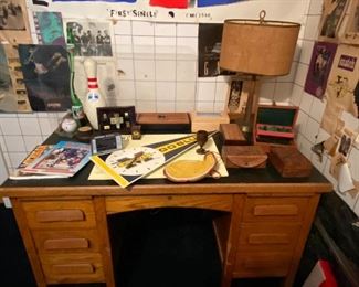 Solid wood desk, mid-century lamp, men’s dresser box’s
