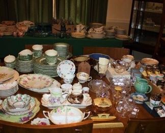 Various antique dishes, salt and peppers, vanity sets