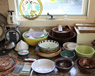 Vintage Pyrex, kitchen scales and pottery