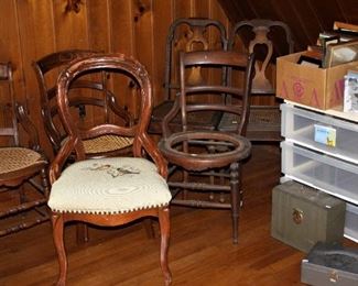 Misc. chairs, picture frames and metal file boxes