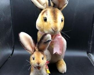 Two vintage Steiff Bunny Rabbit button ear tags Manni plush toys