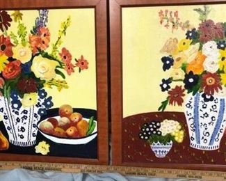 Set of 2 Colorful Delft Blue Flower Vase Paintings