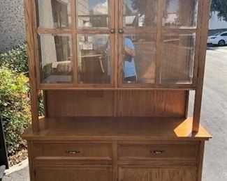 Medium Finish Oak Wood Cabinet with Glass Doors