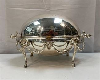 Antique Silver Plate Roll Over Covered Casserole Serving Dish Ram Head Figural Legs