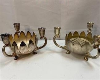 Pair of Silver Plate Lotus Flower Bowl Candle Holders