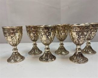 Set of 6 Small Medieval Design Cordial Goblets Silver Plate