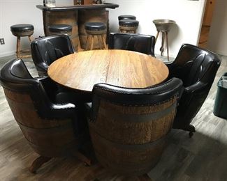 Vintage Danish Modern Whiskey Barrel Table &  Whiskey Barrel Chairs with Casters
