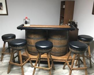 Vintage Danish Modern Double Whiskey Barrel Bar and 5 Stools  