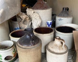 Stoneware jugs and crocks. Some cobalt decorated.