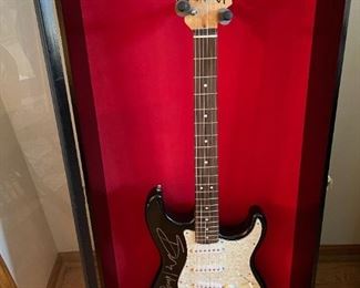 EAGLES Autographed Squier by Fender Strat - DON HENLEY, GLEN FREY, JOE WALSH, And TIMOTHY B SCHMIT - In Black Gloss Shadow Display Box