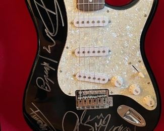 EAGLES Autographed Squier by Fender Strat - DON HENLEY, GLEN FREY, JOE WALSH, And TIMOTHY B SCHMIT - In Black Gloss Shadow Display Box