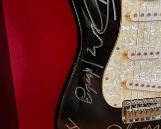EAGLES Autographed Squier by Fender Strat - DON HENLEY, GLEN FREY, JOE WALSH, And TIMOTHY B SCHMIT - In Black Gloss Shadow Display Box