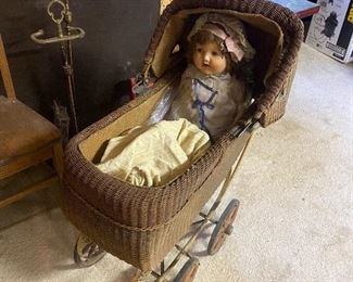 Antique WIcker baby buggy and little composition dolly 