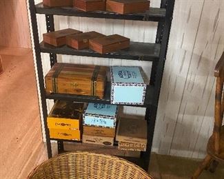 Dog baskets, cigar boxes metal shelving 