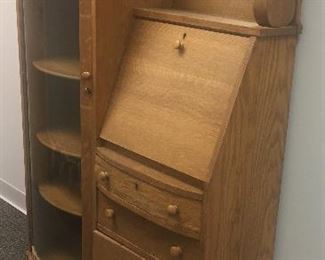 ANTIQUE OAK CURVED GLASS CHINA CABINET WITH DROP DOWN DESK
