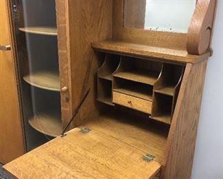 ANTIQUE OAK CURVED GLASS CHINA CABINET WITH DROP DOWN DESK