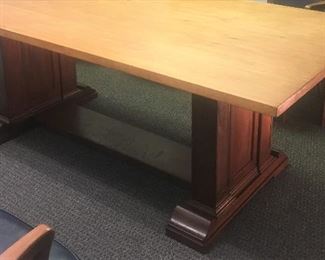 SET OF 8 WOOD & LEATHER ARM  CHAIRS (GREGORY MEYER THOM)
WALNUT TRESTLE BASE CONFERENCE OR DINING TABLE 