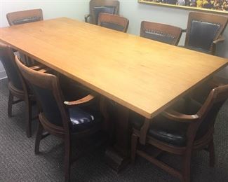 SET OF 8 WOOD & LEATHER ARM  CHAIRS (GREGORY MEYER THOM)
WALNUT TRESTLE BASE CONFERENCE OR DINING TABLE 