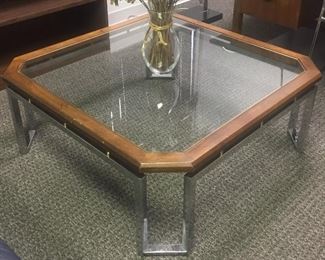 GLASS AND WOOD COFFEE TABLE CHROME BASE
