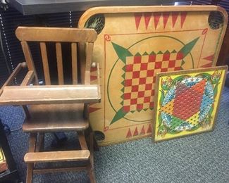 VINTAGE DOLL HIGH CHAIR, CARROM GAME BOARD WITH PCS, CHINESE CHECKER BOARD