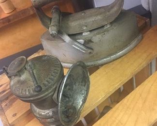 MINER'S LAMP AND SAD IRON