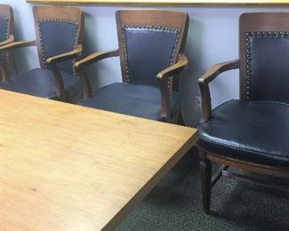SET OF 8 WOOD & LEATHER ARM  CHAIRS (GREGORY MEYER THOM)
WALNUT TRESTLE BASE CONFERENCE OR DINING TABLE 
