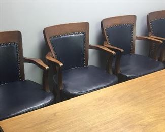 SET OF 8 WOOD & LEATHER ARM  CHAIRS (GREGORY MEYER THOM)
WALNUT TRESTLE BASE CONFERENCE OR DINING TABLE 