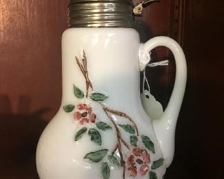 Vintage Hand Painter Milk Glass Syrup Pitcher