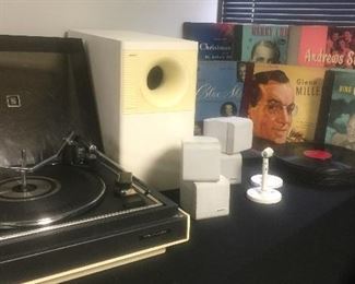VINTAGE MAGNAVOX TURN TABLE, VINTAGE BOSE SPEAKERS, VINTAGE LP'S