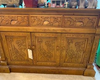 30"H by 44.5" W by 18" Deep Beautifully Carved Chinoiserie Buffet $300