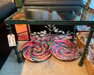 Iron Glass Top Side Table 22"  by 20"  by 30"$100                       Round Colorful Baskets $10 Ea Sold