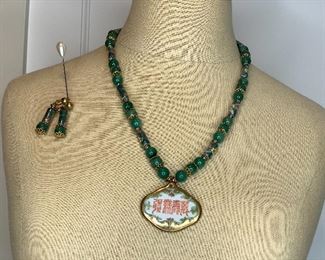 Item #60 Jade Bead Statement Necklace with clip on Earrings $20