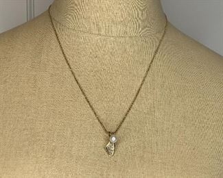 #69  20" 14 K Rope Chain with free form7/8"Long  gold pendant with 9 small diamonds and a cultured pearl $225