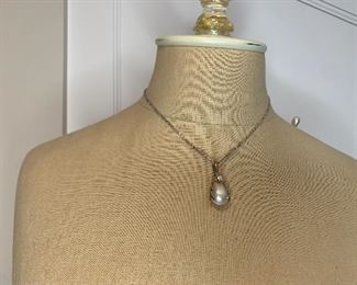 Item #71 16" long  14 K white gold rope chain with 1.25" L Pearl and diamond pendant ( the bale is large enough to go over pearls) $350