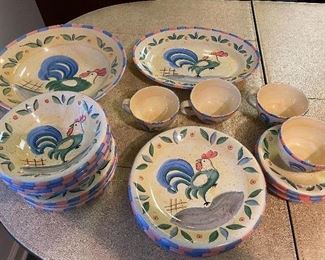 Rooster dishes $80  4 piece set plates, cups, bowls, large round serving dish, and oval platter