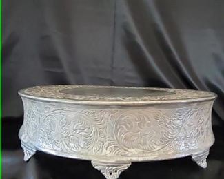 Large Silver Tone Embossed Cake Stand 