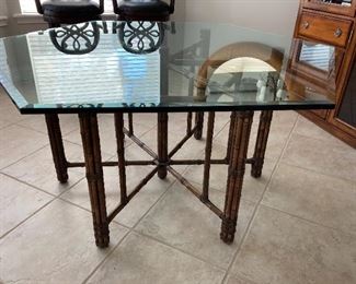 FABULOUS MCGUIRE GLASS TOP metal BAMBOO base TABLE!
Seats six. 29 inches tall, 66 by 56 wide.  $850 (very reasonable).