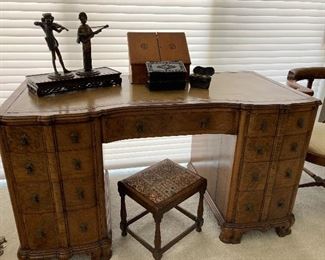 Exquisite antique French walnut desk. 30 inches tall by 53 long, 26 deep. $550.