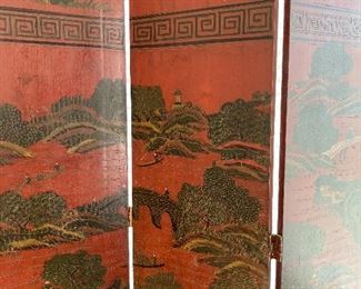 EIGHT PANELS — two sided—
 RED LACQUER SCREEN.  Divided into four panels each.  
Height:  83 inches tall.  Each panel is 15 inches wide.  Set of four panels: $650.