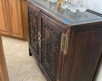 Chinese carved cabinet with Lalique birds on top.  35 inches tall, 38 3/4 long, 15 1/2 deep.  $575.