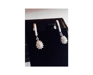 14K White Gold Diamond Cluster Dangle Drop Earrings