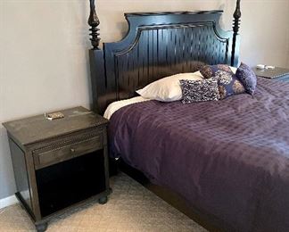 Black king bed w/ HB & FB by Baker  - NO box spring & mattress. Restoration hardware night stand w/ 1 drawer - ( as is )