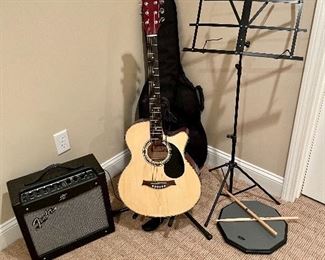 Fender Amp, Guitar & Drum pad & sticks