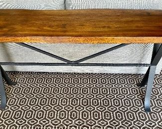 Iron base, wood top sofa table