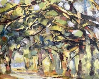 Oil on canvas - Tree-lined street scene by Reinert